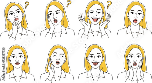 Collection of illustrated female facial expressions and emotions with question marks