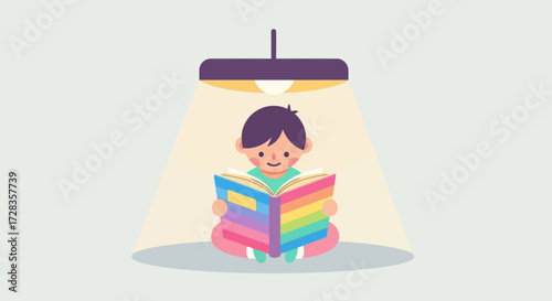 Cartoon Vector Illustration of Boy Reading Rainbow Book under Lamp in Simple Style