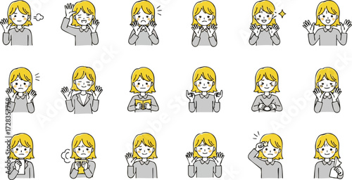 Collection of Illustrated Female Expressions and Poses in Simple Style