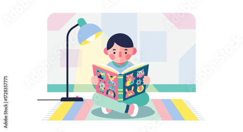 Illustration Vector of Child Reading Colorful Book with Animals under Lamp in Modern Style