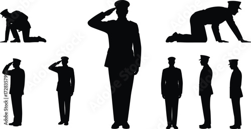respect, uniformed personnel, gesture symbols, army stanceMilitary silhouettes, saluting poses, kneeling figudiscipline, respect, uniformed personnel, gesture symbols, army stance