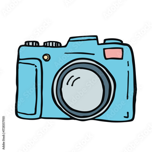 Handdrawn Outline Blue Film Camera Illustration with Lens Detail and Flash