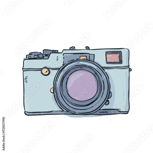 Handdrawn Detailed Vintage Style Camera Device Illustration Isolated on White