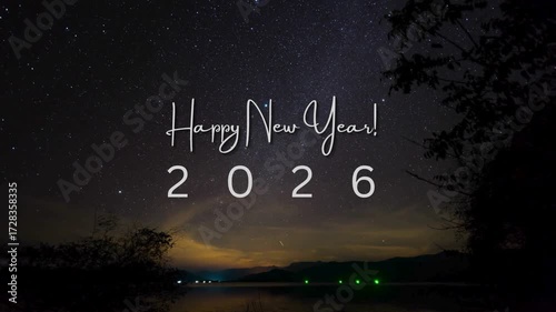 happy new year 2026 animated white text dreamy sky night amazing background 4k video clip design festive celebration glowing stars shining lights magical scenery greeting wishes animation