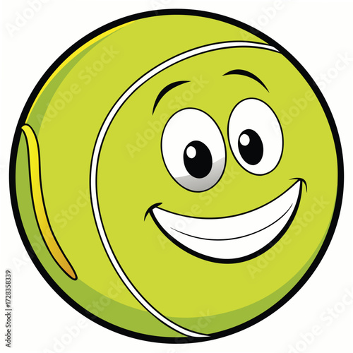 Happy cartoon tennis ball with a big smile and eyes on white background character smiling