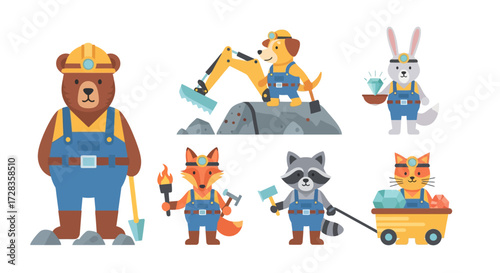 Cartoon animals dressed as miners, including a bear, dog, rabbit, fox, raccoon, and cat, engaged in mining activities.