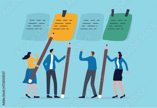 Business brainstorming, meeting to set target and get solution to solve problem or scrum agile method concept, businessman and woman coworkers, colleagues holding pencil with sticky notes on the wall.