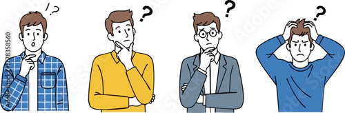 Diverse cartoon men with brown hair, in various outfits, expressing thought, confusion, and uncertainty with question marks.