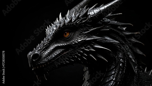 Close-up of a mythical black dragon's head