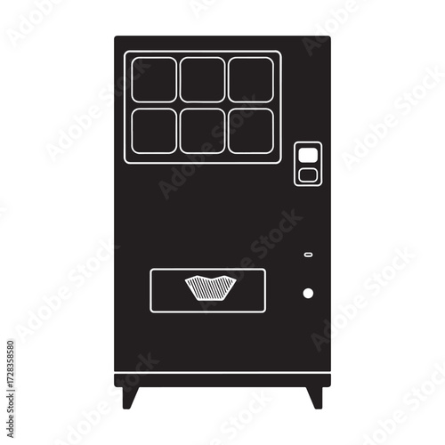 A simple black and white illustration of a classic vending machine with six product display windows and a dispensing slot