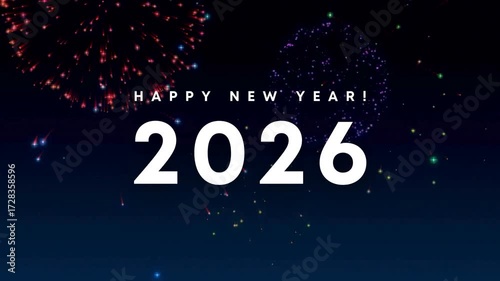 happy new year 2026 animation video clip design fireworks night dark background business content company 4k celebration creative light show festive party display digital motion graphic visual event