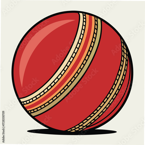 Red cricket ball with gold and cream stripes, on a light background sport game