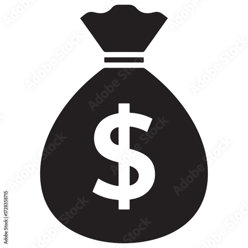 A simple bold black icon representing a money bag with a prominent white dollar sign symbolizing wealth and finance