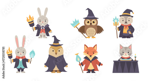 Cartoon animals dressed as wizards and witches holding magic wands, including rabbits, owls, a fox, and a cat.
