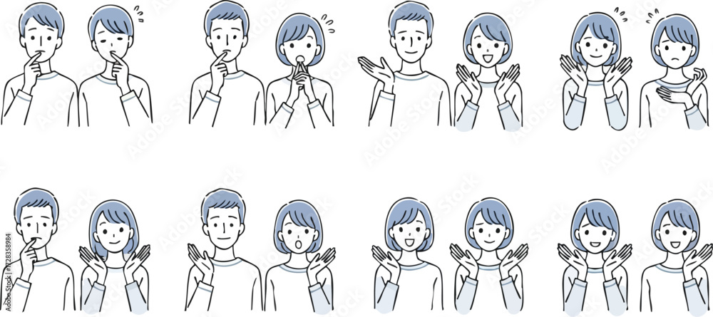 Fototapeta premium Diverse Couple Illustrations Expressing Various Emotions and Poses, Simple Style.