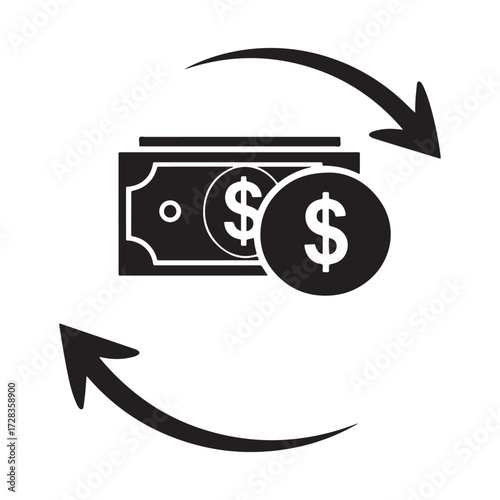 Circular arrows symbolizing financial transaction and exchange of money with dollar bills and coins