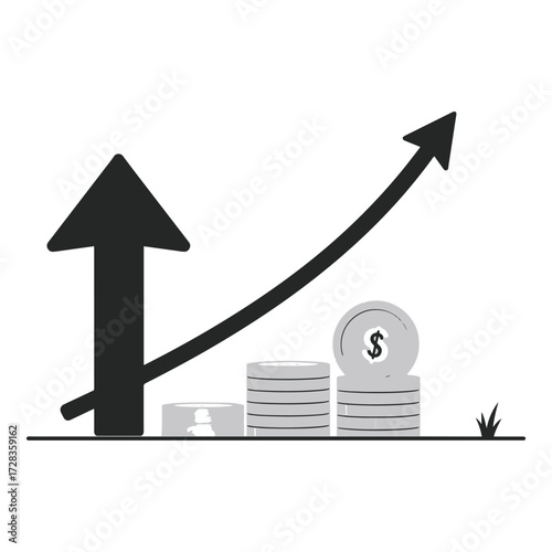 Financial growth illustrated by an upward trending arrow and stacks of coins symbolizing increasing wealth
