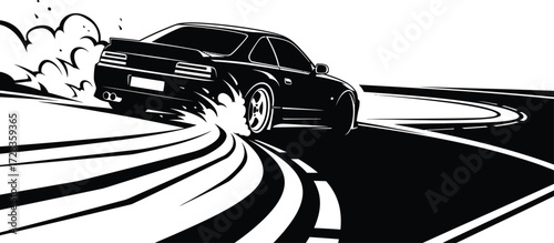 Car drifting on a curve isolated on white background, showcasing skill and control in motorsport event