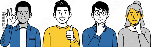 Diverse group of people expressing different emotions and gestures