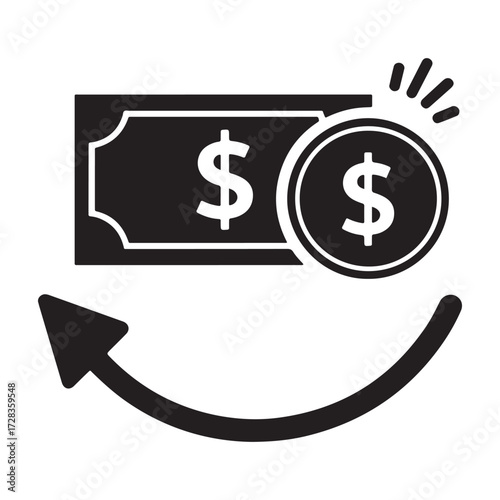 Icon representing financial transaction with money symbol and circular arrow indicating movement or exchange