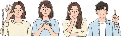 Diverse group of young adults expressing positive emotions and gestures