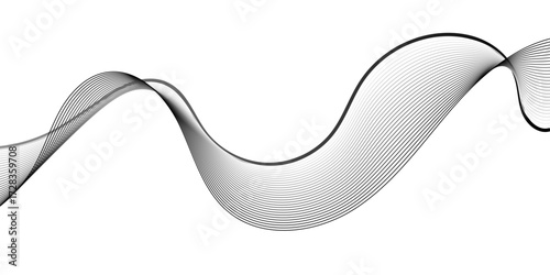 Abstract wave design with evenly spaced black lines creating fluid curves over a white canvas. The dynamic composition resembles vibration, frequency, or soundwave energy, blending simplicity