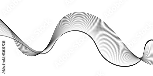 Elegant abstract wave made of parallel black lines forming a flowing curve on a white background. The gradient effect gives depth and movement, resembling a soundwave, vibration, or frequency pattern.