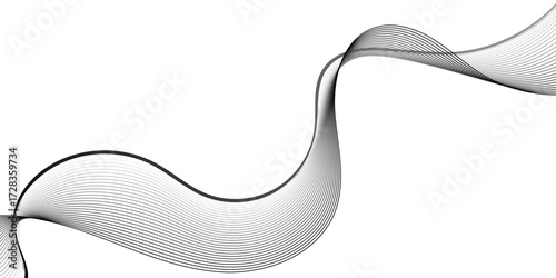 Abstract wave design with evenly spaced black lines creating fluid curves over a white canvas. The dynamic composition resembles vibration, frequency, or soundwave energy, blending simplicity
