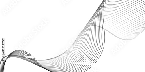 Abstract wave design with evenly spaced black lines creating fluid curves over a white canvas. The dynamic composition resembles vibration, frequency, or soundwave energy, blending simplicity