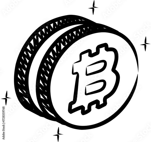 Hand drawn two bitcoin coins with sparkling stars illustration in doodle sketch style and black outline designed as digital currency element for finance, cryptocurrency concept