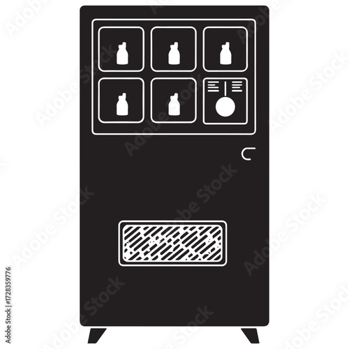 Retro black vending machine with six illuminated product display windows and a lower gridded compartment