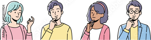 Diverse individuals in thoughtful poses, illustrated with simple lines and pastel colors.