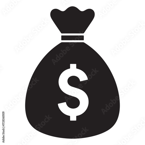 Simple black and white icon representing a money bag with a dollar sign symbolizing wealth and financial gain