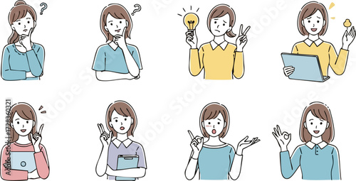 Eight cartoon women with brown hair, diverse poses, expressing thinking, problem-solving, and idea generation, holding objects.