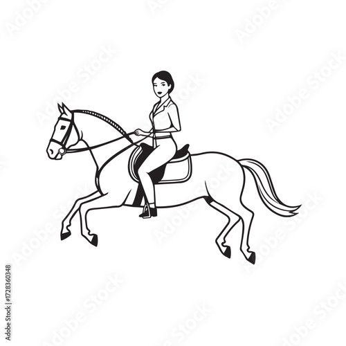 Black and white line art of a beautiful woman with perfect body riding horse elegant minimalist illustration