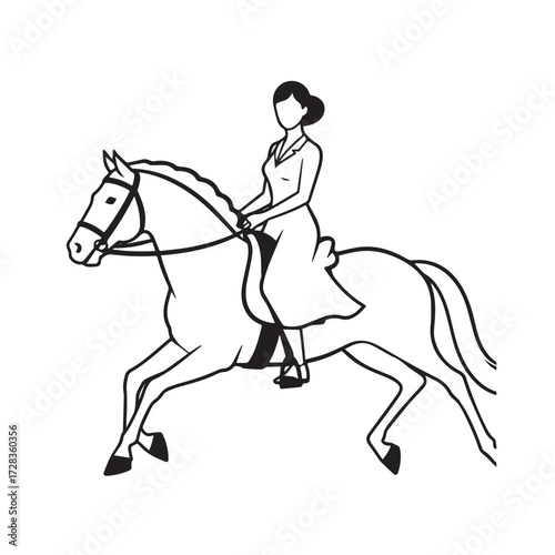 Black and white line art of a beautiful woman with perfect body riding horse elegant minimalist illustration
