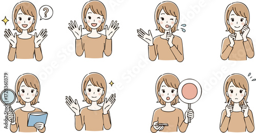Eight diverse cartoon woman illustrations with short brown hair, expressing various emotions and actions, including props like a magnifying glass and speech bub