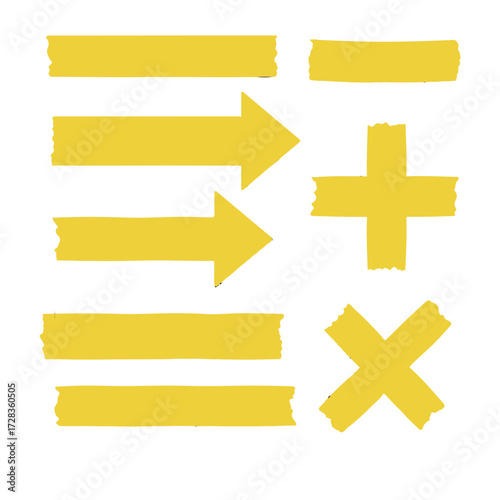 Yellow adhesive tape. 3D sticky paper and plastic strips with torn edges, twisted bands, and wrinkled surfaces. Realistic orange tape pieces and plaster stripes. Vector isolated set.
