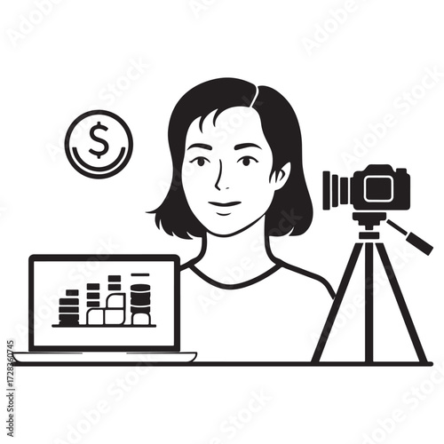 Young woman with a camera and financial chart representing online content creation and monetization strategies