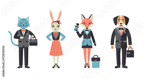 Four anthropomorphic animals dressed in business attire: a cat, rabbit, fox, and dog, each holding a briefcase or accessory.