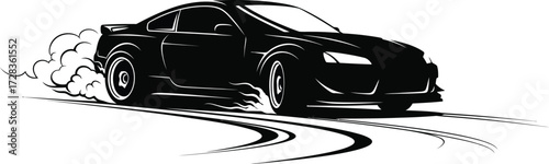 Black car drifting with smoke isolated on white background, showcasing speed and control in a dynamic vector illustration