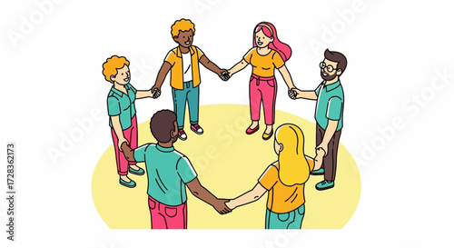 Illustration Vector of Diverse People Holding Hands in a Circle Representing Unity and Community in a Modern Flat Design Style