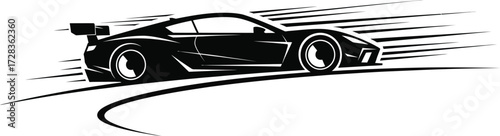 Black sports car drifting on a race track, leaving tire smoke isolated on white background