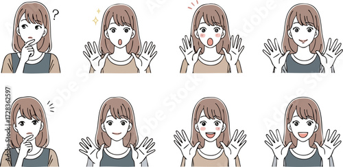 Illustrated set of a young woman with brown hair showing various facial expressions like surprise, happiness, and confusion.