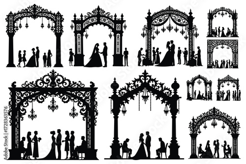 Ornate wedding arches with silhouetted couples and guests