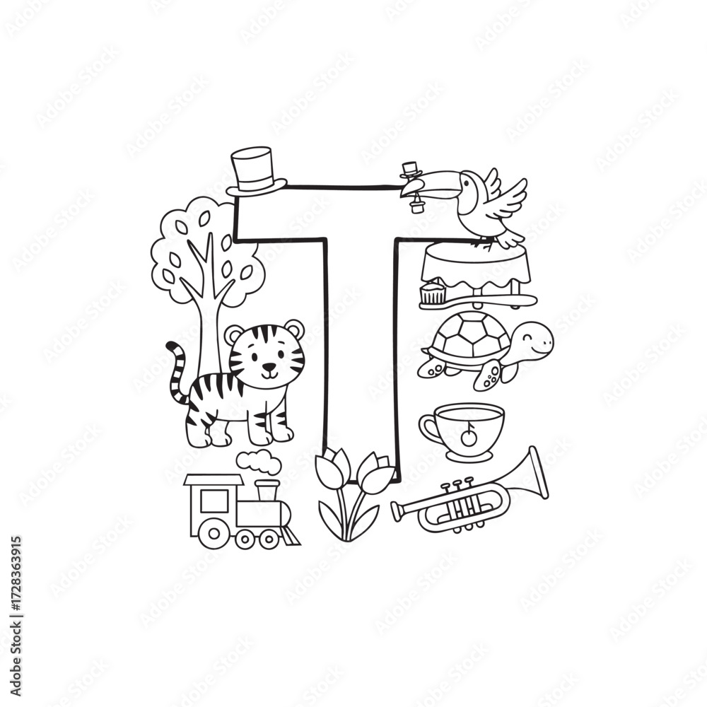 Fototapeta premium Educational coloring page featuring the letter T with tiger tree turtle and trumpet objects for children learning the alphabet