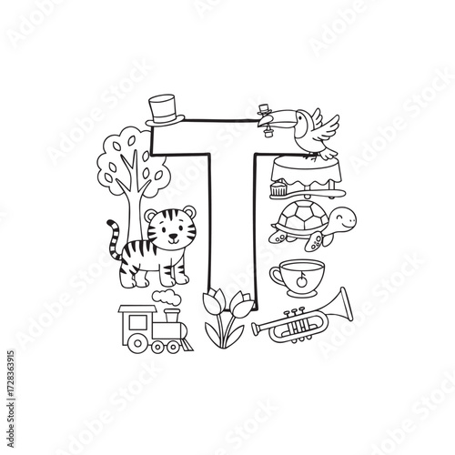 Educational coloring page featuring the letter T with tiger tree turtle and trumpet objects for children learning the alphabet