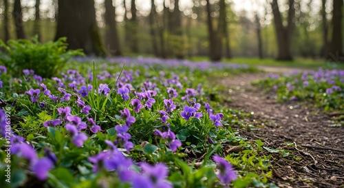 Purple flowers forest path