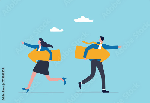 Different individual way, different business direction or team conflict, opposite decision, contrast or disagreement concept, businessman and businesswoman holding arrow running in opposite position.