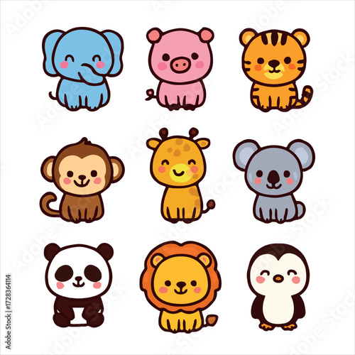 A fun vector set of cute cartoon animal faces, including a baby bear, pig, panda, dog, lion, owl, cat, sheep, elephant, and cow character illustration icon for children book design.